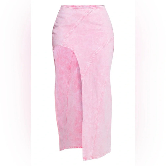 NWT PrettyLittleThing Shape Washed Pink Denim Seam Detail High Split Maxi Skirt - Picture 4 of 6